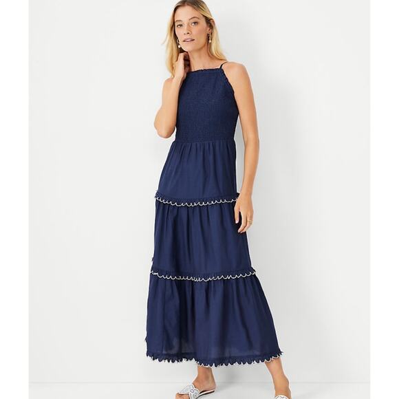 Ann Taylor Dresses & Skirts - Ann Taylor Navy & White Scalloped Tiered Hem Midi Dress